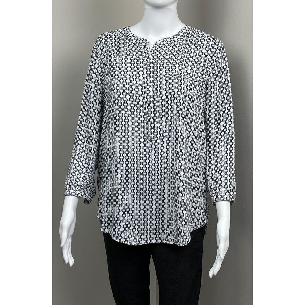 NYDJ Pleatback 3/4 Sleeve Blouse Top Womens Small White Black Business Casual BS